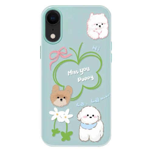 Funda híbrida TPU y Policarbonato para iPhone Xr con diseño Flores y Cachorros (Verde Claro)