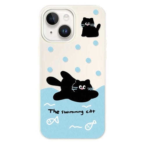 Funda híbrida TPU y PC iPhone 15 Tacto Sedoso (Gato Negro Nadando en Blanco)