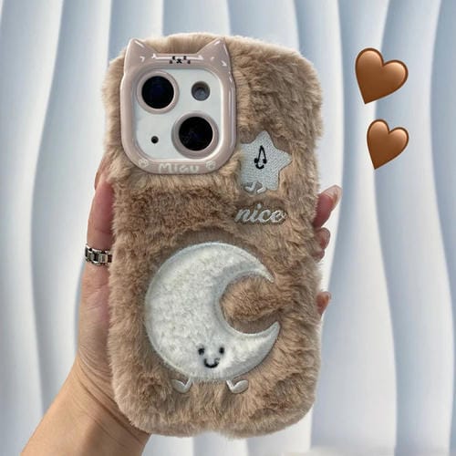 Funda de Silicona con Bordado de Peluche para iPhone 14 Plus (Luna)