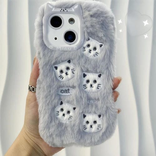 Funda de Silicona para iPhone 13 con Bordado de Felpa Gato (Gris)