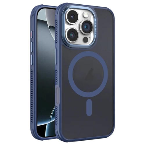 Estuche para Teléfono Magsafe Marco Lente Metal Esmerilado Sensación Piel Enfriamiento Lateral iPhone 16 Pro (Azul)