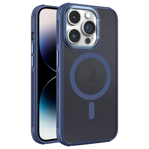 Estuche para Teléfono Magsafe iPhone 14 Pro Marco Lente Metal Esmerilado Sensación Piel Enfriamiento Lateral (Azul)