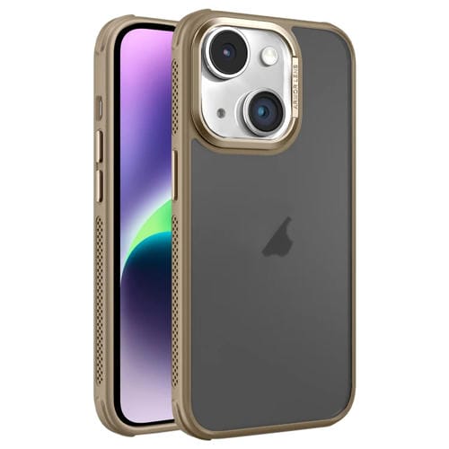 Estuche para Teléfono iPhone 14 Plus Marco Lente Metal Esmerilado Sensación Piel Enfriamiento Lateral (Dorado)