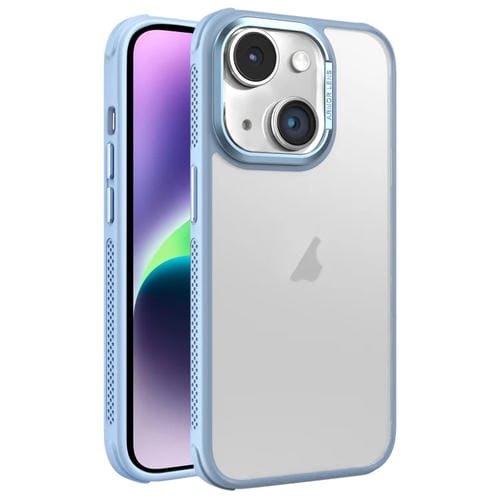 Estuche para Teléfono iPhone 14 Plus Marco Metal Esmerilado Piel Enfriamiento (Azul Cielo)