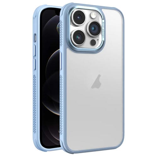 Estuche para teléfono iPhone 12 Pro marco Lente metal esmerilado piel enfriamiento lateral (Azul Cielo)