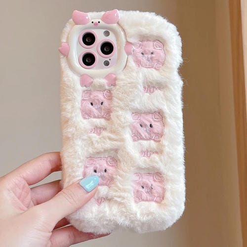 Funda de Teléfono TPU con Peluche Bordado iPhone 13 Pro Max (Cerdo Rosa Beige)