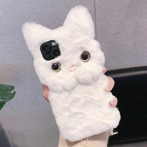 Funda para Teléfono Apple iPhone 14 Cobertura Total Gato Peluche 3D (Blanca)