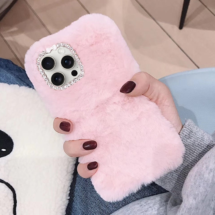 Funda de Felpa Color Sólido con Anillo Lente Diamante para iPhone 15 Pro (Rosa)