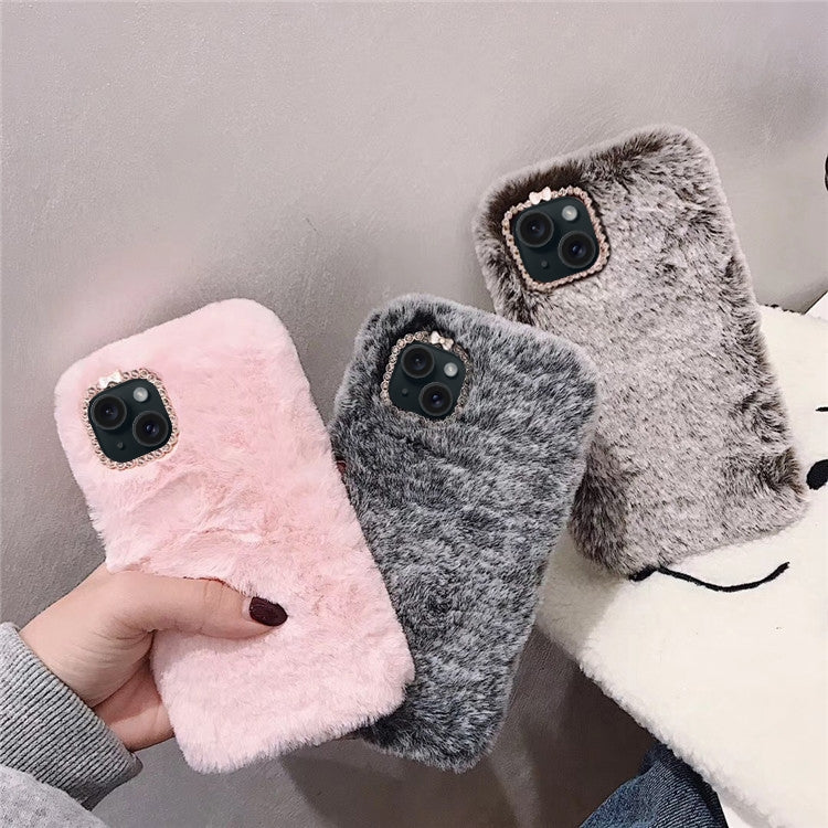 Funda de Felpa Color Sólido con Anillo Lente Diamante para iPhone 15 Pro (Rosa)