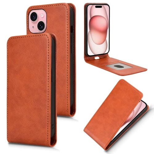 Funda de Cuero para iPhone 15 Tapa Vertical Magnética (Marrón)