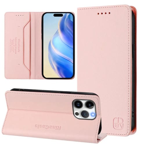 Funda de Cuero iPhone 13 Pro Max Rc01 Doble Pliegue Succión Magnética (Rosa)