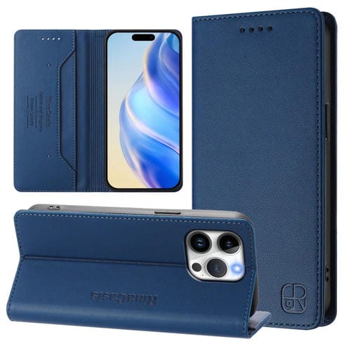 Funda de Cuero Rc01 para iPhone 13 Pro Max con Doble Pliegue y Succión Magnética (Azul Oscuro)