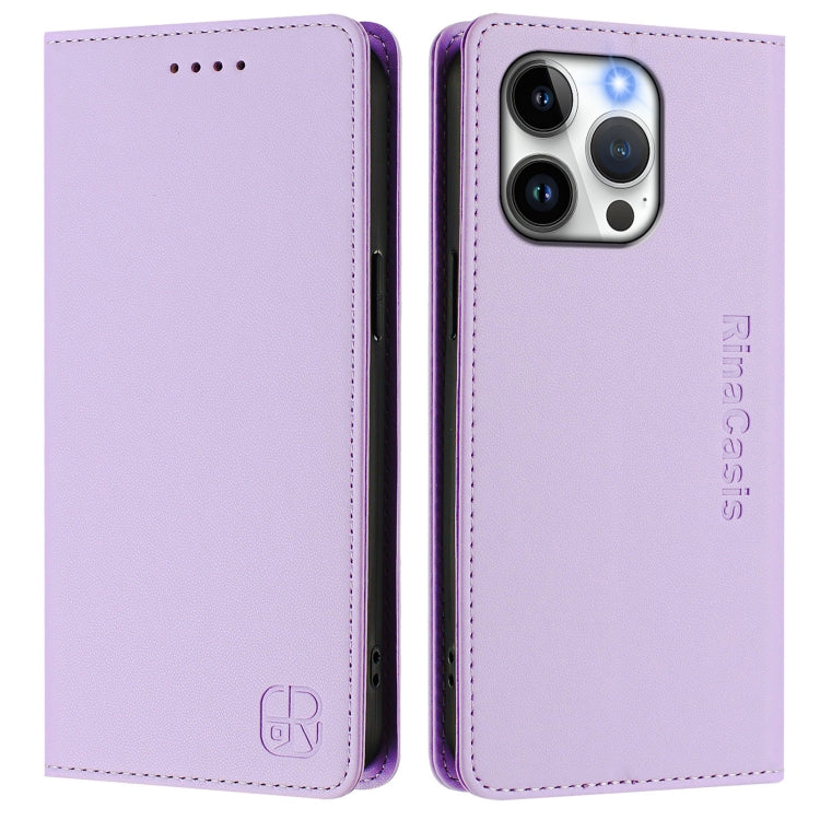 Funda de Cuero Rc01 para iPhone 13 Pro con Doble Pliegue y Succión Magnética (Morado Claro)