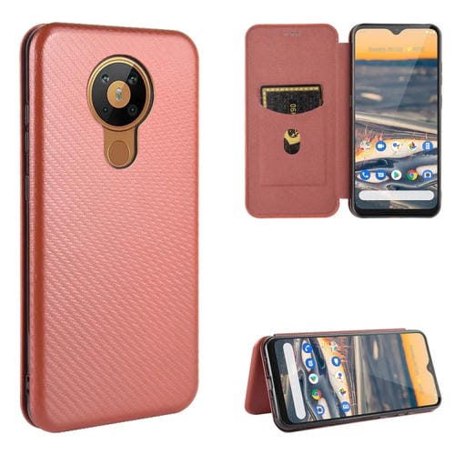 Para Nokia 5.3 Carcasa de cuero con tapa magnética horizontal con textura de fibra de carbono TPU + PC + PU con ranura para tarjeta (marrón)