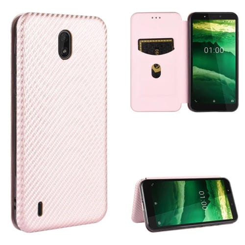 Para Nokia C2 Carcasa de cuero con textura de fibra de carbono magnética con tapa horizontal TPU + PC + PU con ranura para tarjeta (rosa)