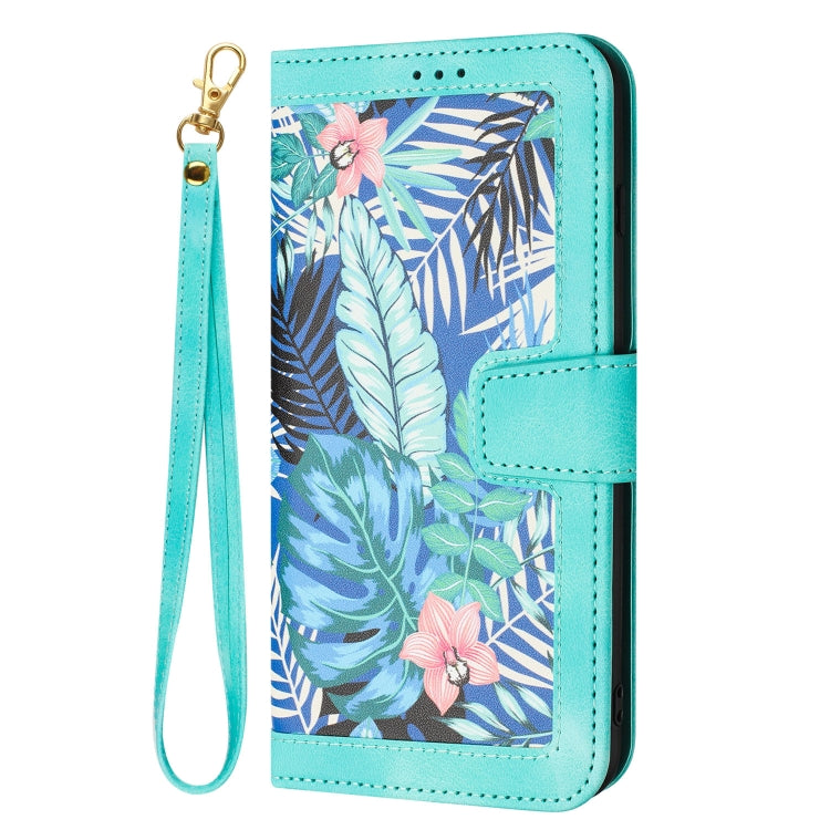 Funda de Cuero para iPhone 16 con Estampado Floral y Cordón (Verde)