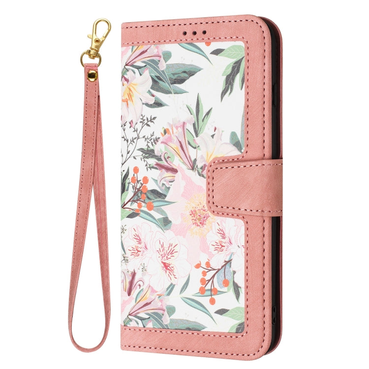 Funda de Cuero iPhone 16 Estampado Floral con Cordón (Rosa)
