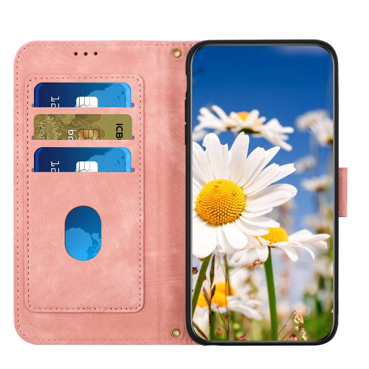 Funda de Cuero para iPhone 16E con Estampado Floral y Cordón (Rosa)