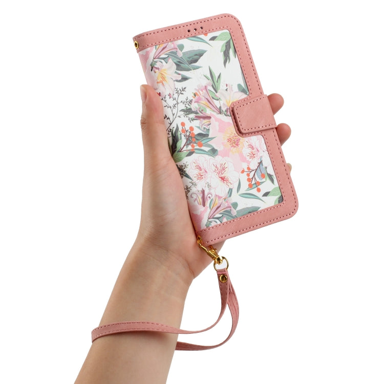 Funda de Cuero para iPhone 16E con Estampado Floral y Cordón (Rosa)