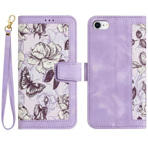 Funda de Piel para iPhone Se 2022/2020 Estampado Floral con Cordón (Morado Claro)