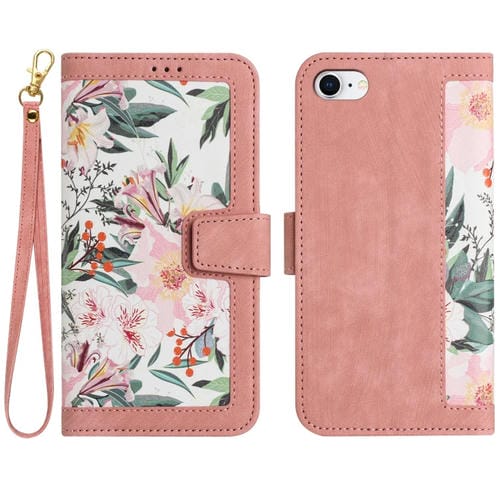 Funda de Piel con Estampado Floral y Cordón para iPhone SE 2022/2020 (Rosa)