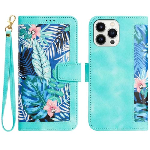 Funda de Cuero iPhone 13 Pro Max Estampado Floral con Cordón (Verde)
