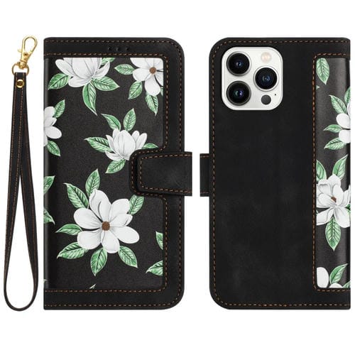 Funda de Cuero para iPhone 13 Pro Max con Estampado Floral y Cordón (Negro)