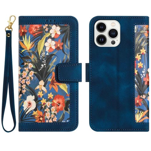 Funda de Cuero iPhone 13 Pro Max Estampado Floral con Cordón (Azul Oscuro)