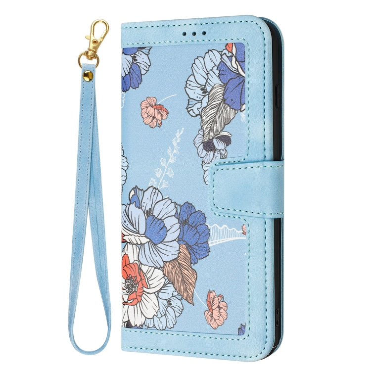 Funda de Cuero iPhone 13 Pro Estampado Floral con Cordón (Azul Claro)