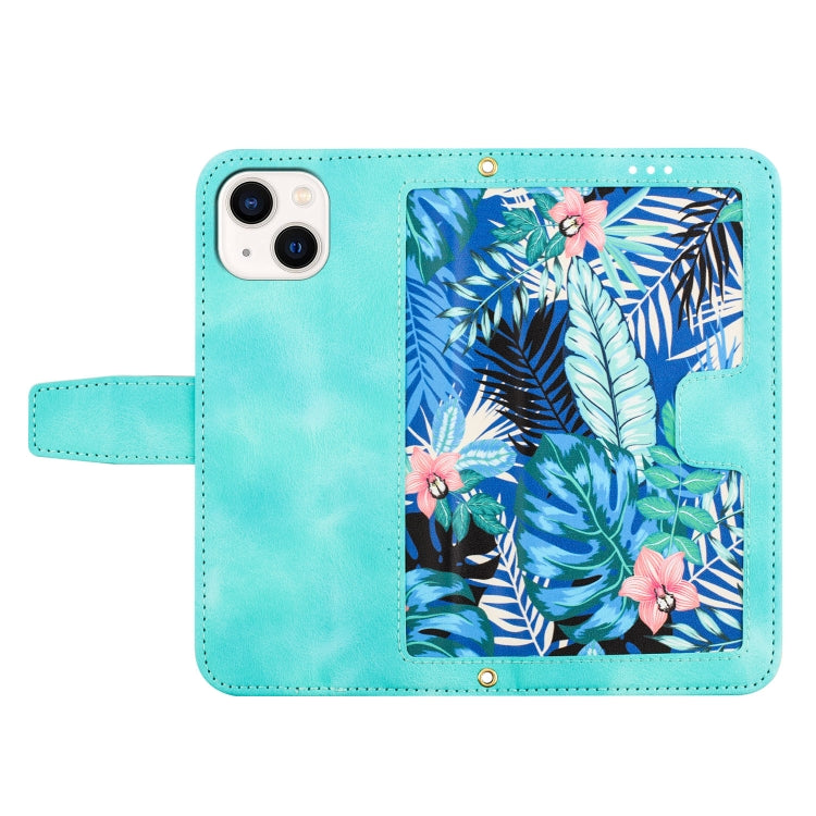 Funda de Cuero para iPhone 13 Mini con Estampado Floral y Cordón (Verde)
