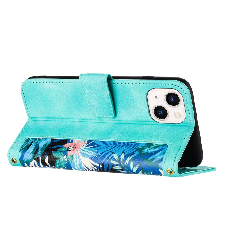 Funda de Cuero para iPhone 13 Mini con Estampado Floral y Cordón (Verde)