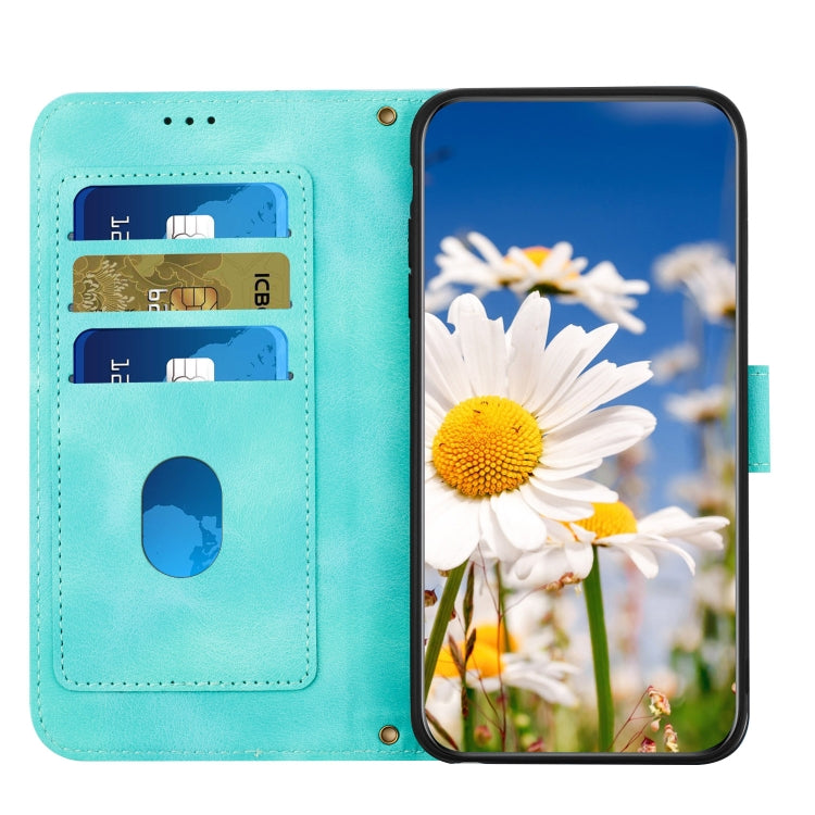 Funda de Cuero para iPhone 13 Mini con Estampado Floral y Cordón (Verde)