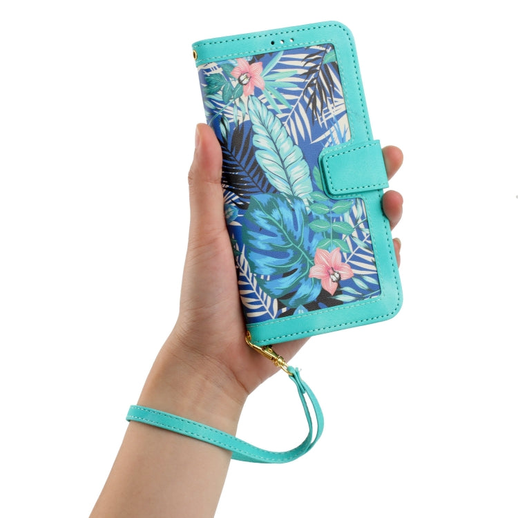 Funda de Cuero para iPhone 13 Mini con Estampado Floral y Cordón (Verde)