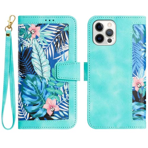 Funda de Cuero iPhone 12 Pro Max Estampado Floral con Cordón (Verde)