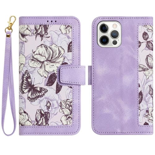 Funda de Cuero para iPhone 12 Pro Max con Estampado Floral y Cordón (Morado Claro)