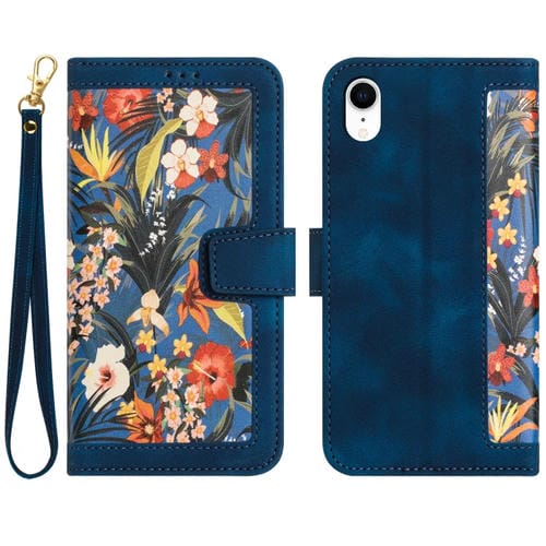 Funda de Cuero con Estampado Floral para iPhone Xr con Cordón (Azul Oscuro)