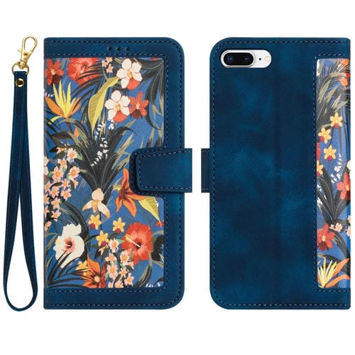 Funda de Cuero para iPhone 8 Plus/7 Plus con Estampado Floral y Cordón (Azul Oscuro)