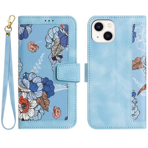 Funda de Piel para iPhone 13 Estampado Floral con Cordón (Azul Claro)