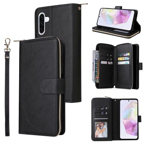 Funda de cuero con cremallera para Samsung Galaxy A17 5G, 9 ranuras para tarjetas, color negro
