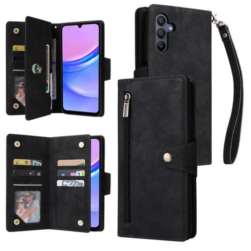 Funda de cuero con tres pliegues y hebilla de remache para Samsung Galaxy A26 5G (negro)