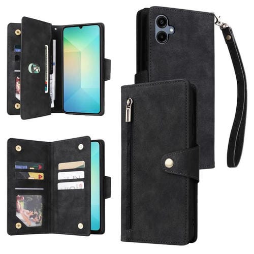 Funda de cuero con tres pliegues y hebilla de remache para Samsung Galaxy A07 4G/5G (negro)