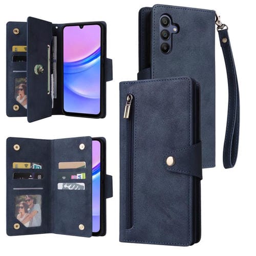 Funda de cuero con tres pliegues y hebilla de remache para Samsung Galaxy A17 5G (azul)
