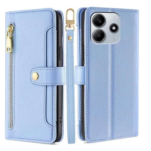 Funda de Cuero Tipo Cartera con Cremallera y Textura de Oveja para Redmi Note 14 5G (Azul)