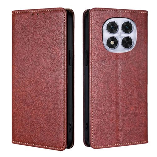 Funda de Cuero Magnético con Acabado Brillante y Aceite para Redmi Note 14 Pro 5G (Marrón)