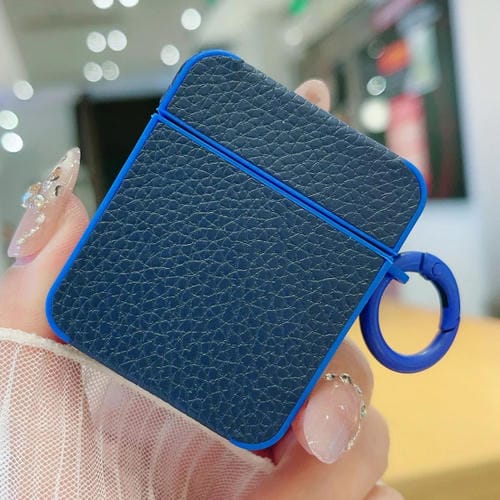 Funda Protectora Auriculares Airpods 1/2 Textura Cuero Adhesivo Lichi (Azul Oscuro)