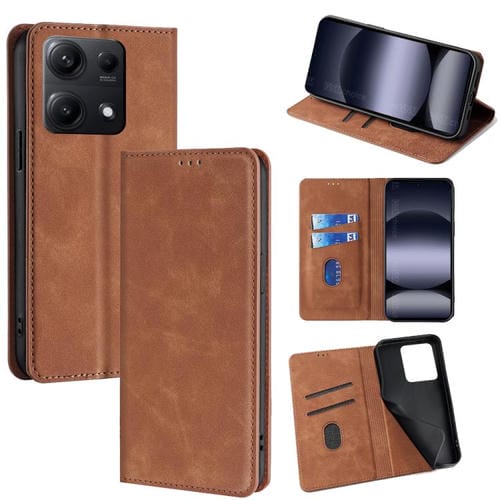 Funda de cuero magnética con textura de piel para Redmi Note 14S 4G (marrón claro)