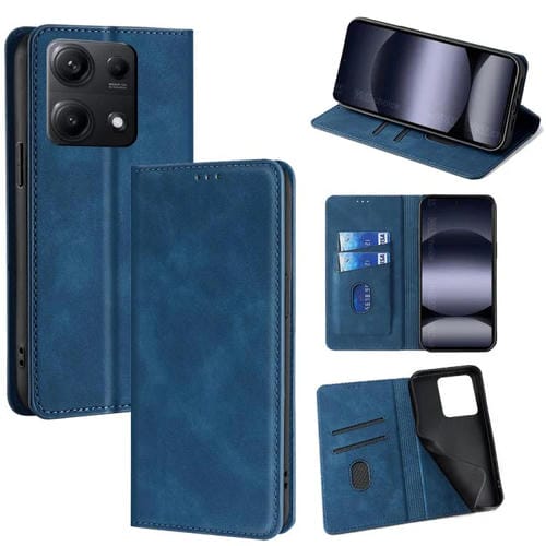 Funda de cuero magnética con textura de piel para Redmi Note 14S 4G (azul)