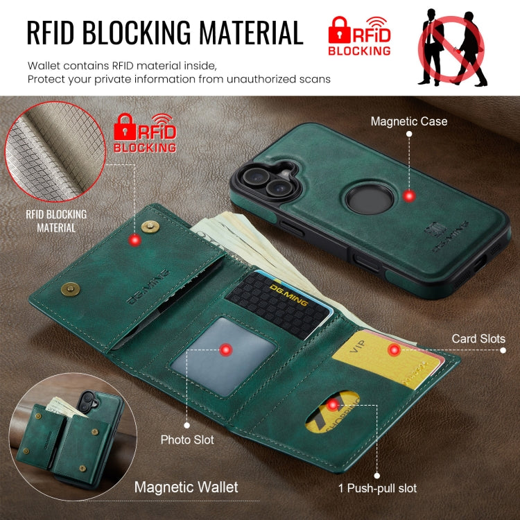 Funda de Cuero Extraíble para iPhone 16 Serie Dg.Ming M6 con Tarjetero Rfid de Tres Pliegues (Verde)