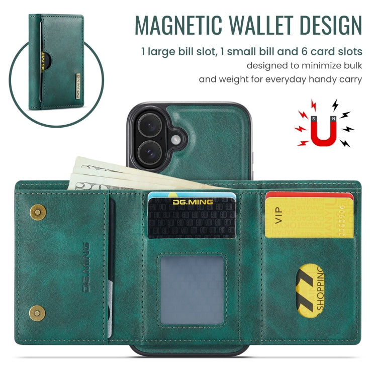 Funda de Cuero Extraíble para iPhone 16 Serie Dg.Ming M6 con Tarjetero Rfid de Tres Pliegues (Verde)