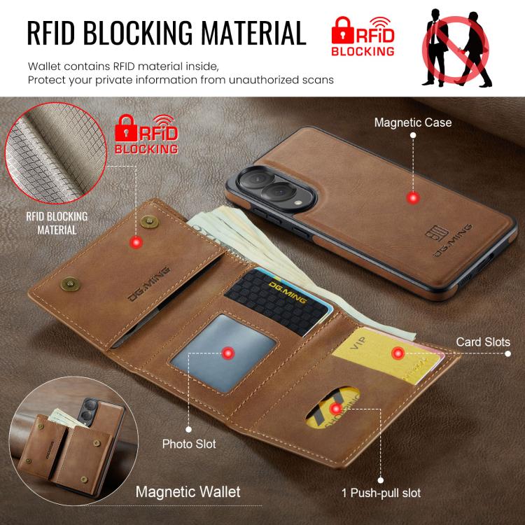 Funda de cuero extraíble para Samsung Galaxy S25 Edge 5G, serie DG.MING M6, con tarjetero RFID de tres pliegues (marrón)